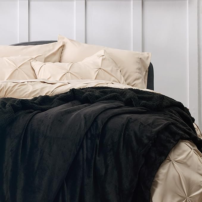 Bedsure GentleSoft Sherpa Fleece Blankets Queen Size for Bed - Thick and Warm Throw for Women and Men, Soft Fuzzy Plush Queen Blanket for Winter, Black, 90x90 Inches