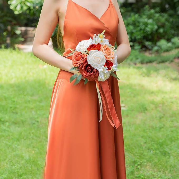 ponatia Burnt Orange Wedding Bouquets for Bride Bridesmaid, Cream Artificial Roses Flowers for Bride Bouquets Ceremony, Anniversary