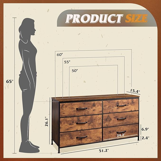 WLIVE 6 Drawer Dresser for Bedroom Large, Fabric Wide Dresser TV Stand for 50, 55, 60 inch TV, Big Long Chest of Drawers with Deep Drawer for Closet, Bedroom, Living Room, Hallway, Rustic Brown