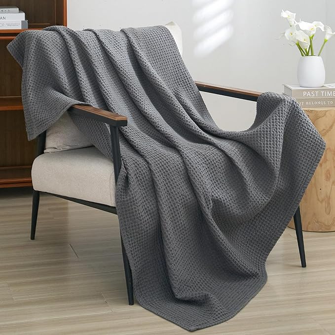 PHF Pre-Washed Cotton Waffle Weave Blanket Throw Size for Couch Bed,Snag Proof Spring Summer Lightweight Breathable,Oeko-TEX Certified,Machine Washable, Home Decor Gift，Charcoal
