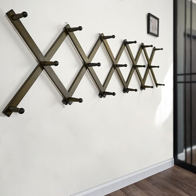 WEBI Accordion Wall Hanger,Expandable Wooden Hat Rack for Wall Mounted Coat Rack,Accordion Hat Hooks Holder for Baseball Caps,17 Peg Hooks,Black on White