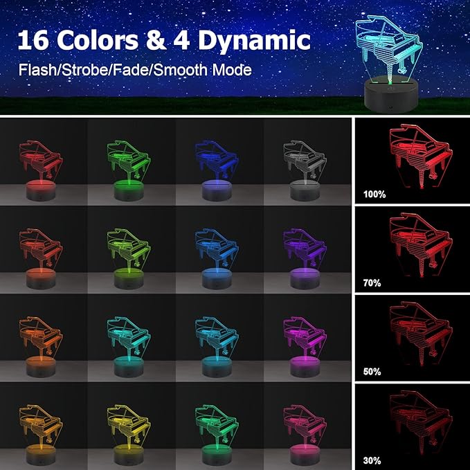 AZIMOM 3D Lamp Illusion Piano Night Light Decor 16Colors Changing Smart Touch Remote Control Optical Illusion Bedside Lamps Bedroom Home Decoration for Kids Boys & Girls Women Birthday Gifts