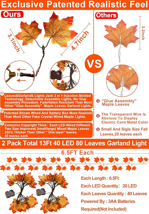 Timer & Thicker Leaves - 2 Pack Fall Garland with Lights Thanksgiving Fall Decorations for Home Total 80 Leaves 40LED 13Ft Battery Operated Lighted Thanksgiving Garland Home Indoor Outdoor Christmas