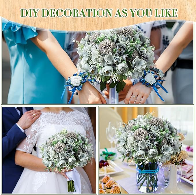 Tigeen 12 Bundles Peonies Artificial Flowers Faux Roses Silk Flowers Hydrangea Artificial Bouquet for Wedding Table Centerpiece Floral Vase Home Office Bridal Decor (Pastel Blue)