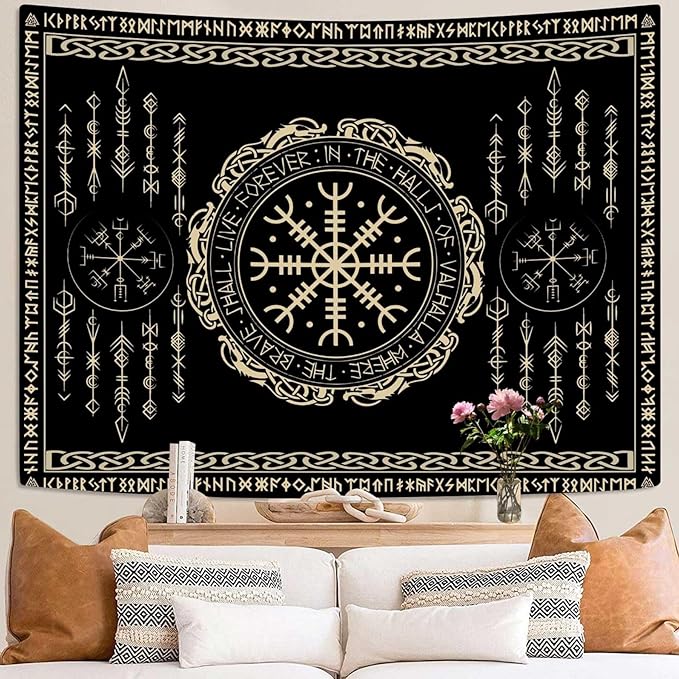 OSUNBD Nordic Vikings Tapestry Large 84x90inches Soft Flannel Vegvsir Symbol Amulet Celtic Rune Scandinavian Aesthetic Mythology Tapestry Wall Hanging for Bedroom Living Room Decor