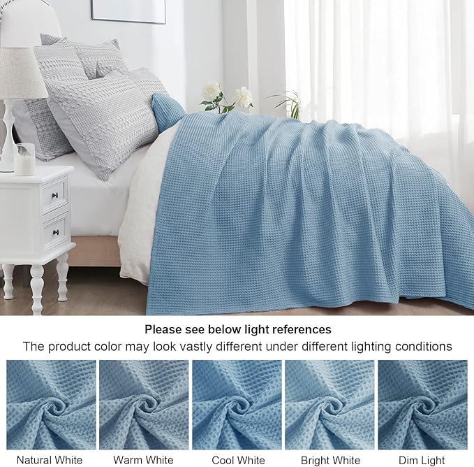 PHF 100% Cotton Waffle Weave Blanket King Size for Bed,Snag Proof Lightweight Breathable Moisture-wicking Throw for Couch,Great for Layering in Cold Weather,Machine Washable,Home Decor Gift-Dusty Blue