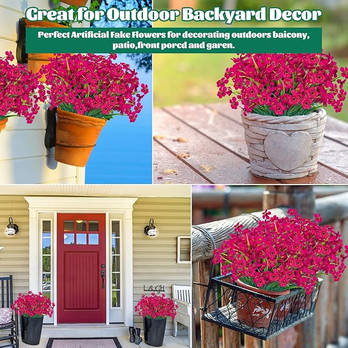 Lnoicy 24 Pcs Artificial Flowers for Outdoor,Plastic Flowers Decoration, UV Resistant Faux Flowers Shrubs, Artificial Plants for Indoor Outside Garden Home Wedding Farmhouse(Rose Red)