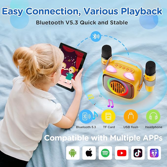 BIGASUO Karaoke Machine for Kids, Mini Portable Bluetooth Speaker with 2 Wireless Microphones and LED Lights, Kids Toys Ideal Gifts for Girls & Boys Birthday Home Party Yellow-2Pack