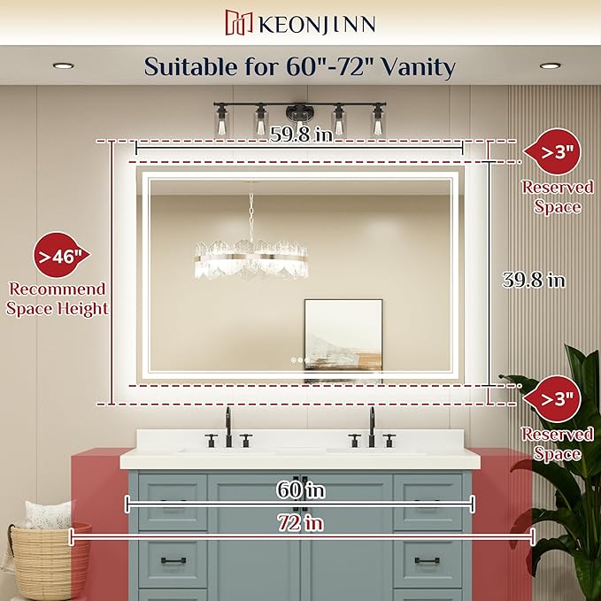 Keonjinn LED Bathroom Mirror with Lights, 60 x 40 Inch, Dimmable, Anti-Fog, Waterproof, Wall Mounted, Home Mirror
