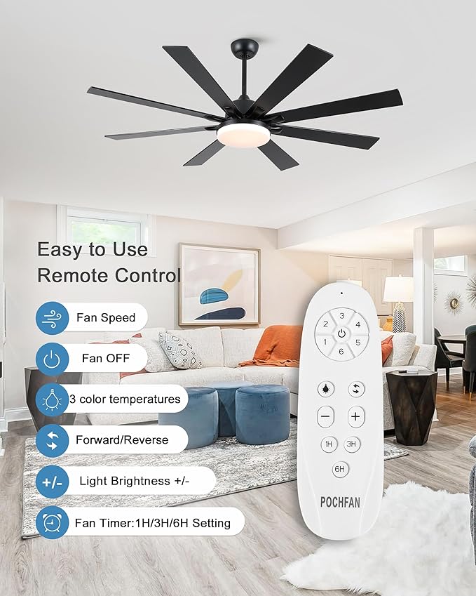 62 Inch Ceiling Fans with Lights,Large Modern Ceiling fan with Remote and 8 Wooden Blades,Dimmable,6 Speeds,Noiseless Reversible Indoor&Outdoor Fan for Bedroom,Patio,Living Room
