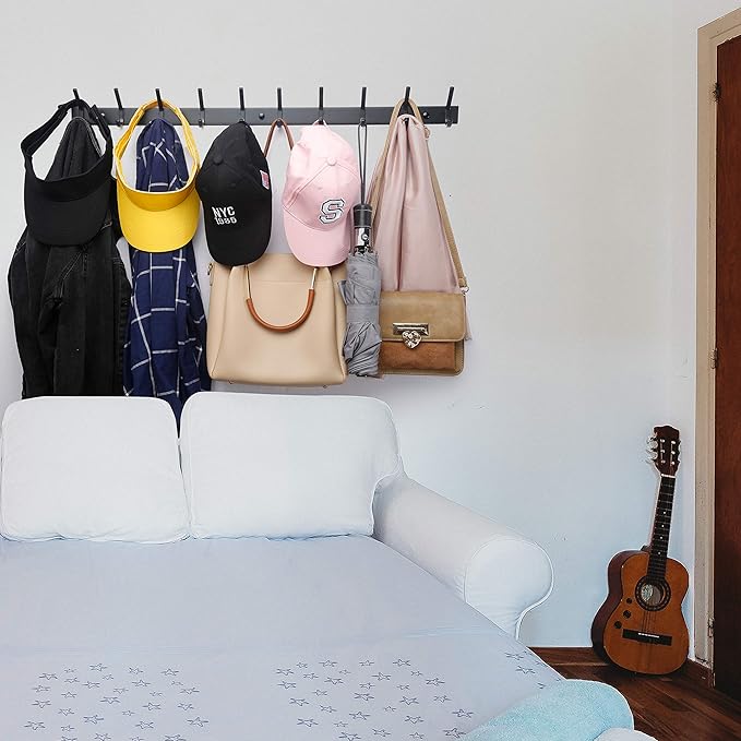 WEBI Coat Rack Wall Mounted,10 Hooks for Hanging Coats,30 Inch Hook Rack Hook Rail Coat Hanger Wall Mount for Backpack,Clothes,Jacket,Black