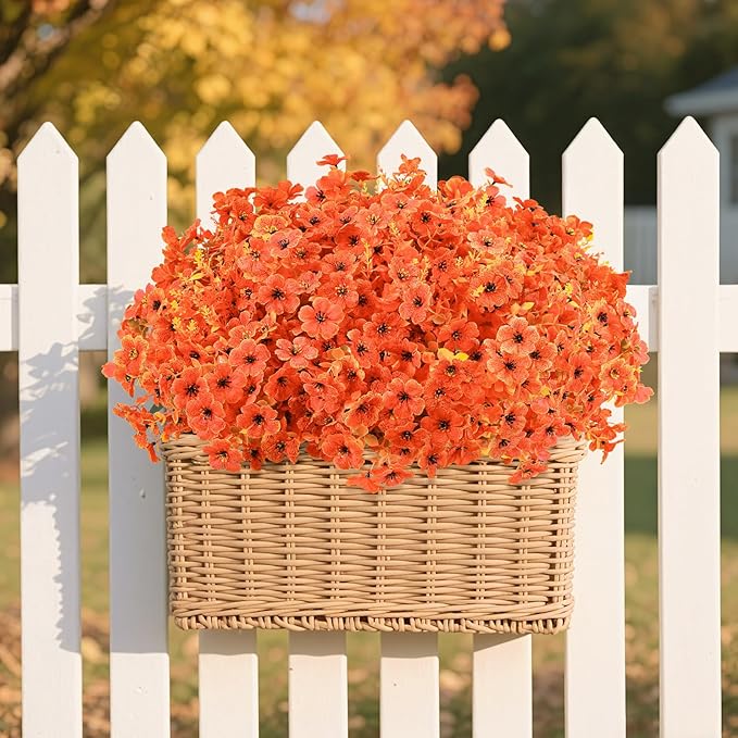 SHareconn 48 Bundles Artificial Fall Flowers for Outdoors Decoration,UV Resistant Silk Eucalyptus Lavender Faux Autumn Fake Plants for Outside Indoor Garden Yard Porch Home Decor,SunsetRedAutumnColour
