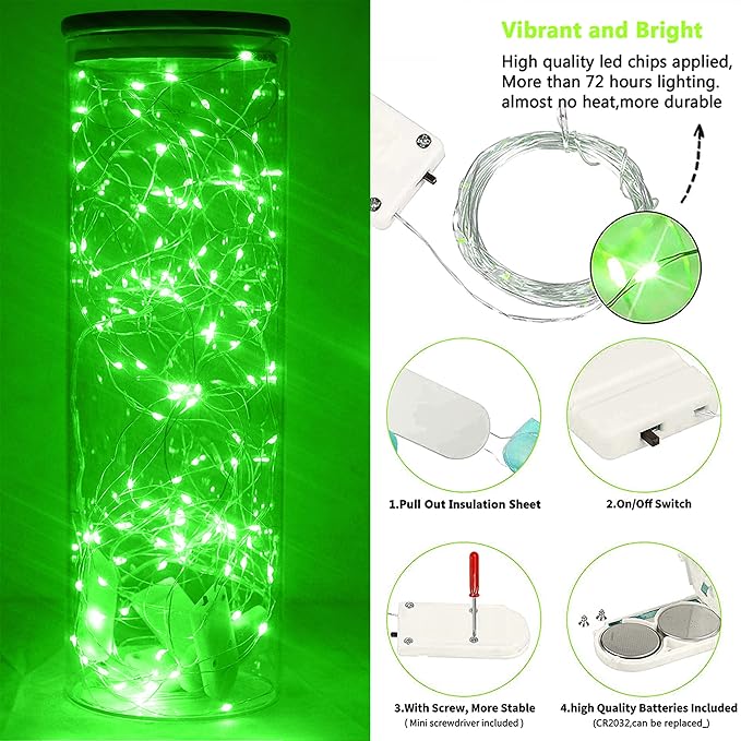 15 Packs 20 Led Green Fairy Lights Battery Operated St Patricks Day Lights 6.6ft Silver String Lights Waterproof Firefly Starry Light for DIY Table Centerpieces Halloween Christmas Party