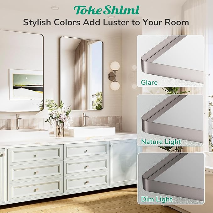 TokeShimi Brushed Nickel Vanity Mirror 60x36,Bathroom Mirror Framed Aluminum,Tempered Glass,Rectangle Mirror for Bathroom,Shatterproof Bathroom Wall Mirror(Horizontal/Vertical)