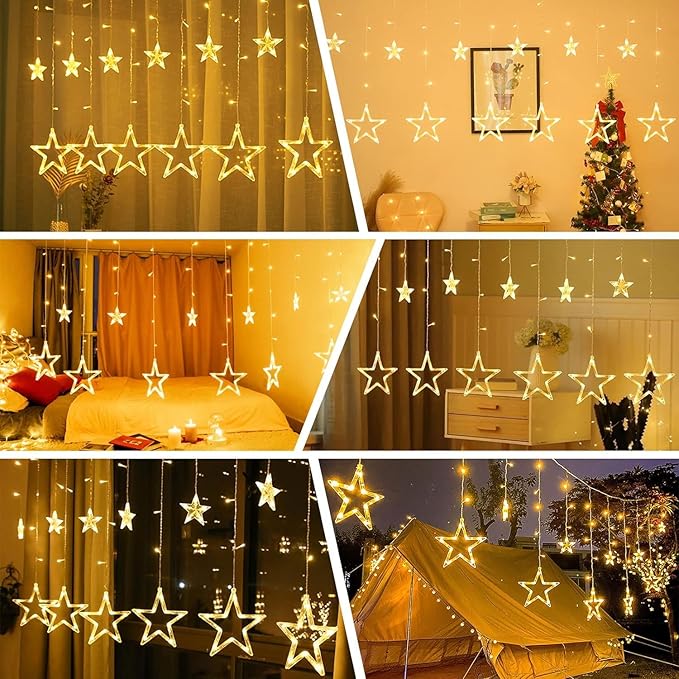 Star Curtain Lights for Bedroom - Plug-in 9ft 138 LED Fairy Twinkle Lights with 12 Star Drops, Connectable Window Lights with Remote 8 Lighting Modes for Indoor Xmas Ramadan Decoration, Warm White