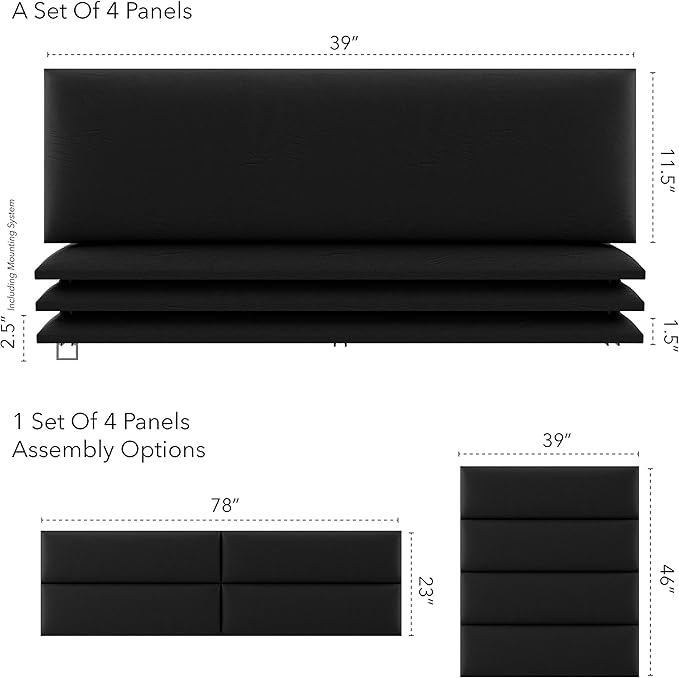 Vänt Upholstered Wall Panels - King/Cal King Size Wall Mounted Headboards - Vintage Leather Jet Black - Twin/King - Set of 4 Panels (Each Individual Panel 39"x11.5")
