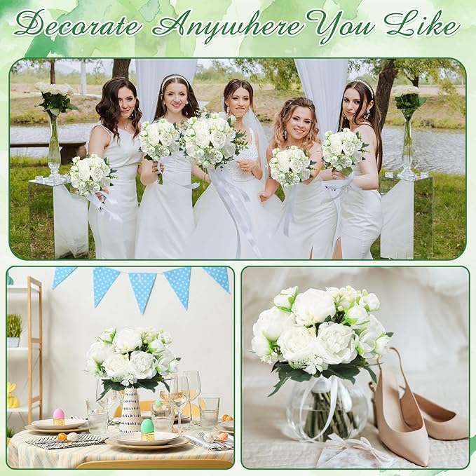 Geosar 2 Bundles Artificial Peonies Flowers Fake Silk Peony Bouquet Faux Peonies Flowers Bulk for Decoration Vase Floral Arrangements Wedding Party Table (White)