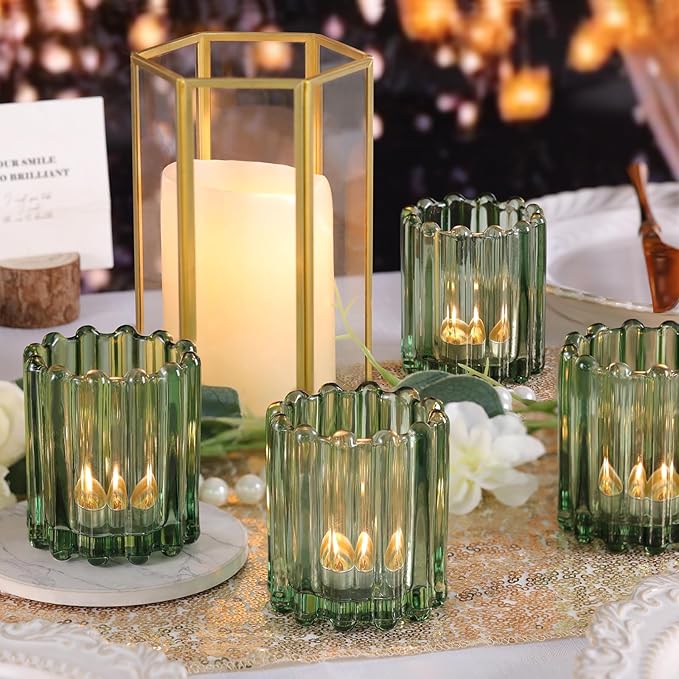 Glass Green Votive Candle Holder, Ribbed Votive Candle Holders Set of 12, Tealight Candle Holder for Wedding Centerpieces Dinner Party Table Decor