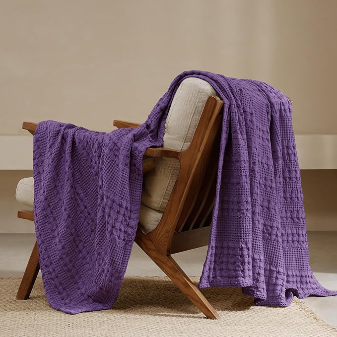 PHF 100% Cotton Waffle Weave Throw Blanket, Soft Lightweight Breathable Cozy Throws for Couch Bed Sofa, Luxury Aesthetic Woven Blanket for Home Decor & Office, 50"x60", Grape