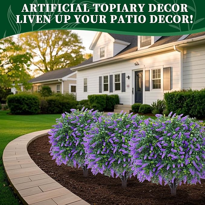 Artificial Lavender Topiary Ball Trees,2 Set of 16'' UV Resistant Fake Evergreen Shrubs Bushes Plants with Ground Spike, Fake Plants for Outdoor Indoor Front Porch Garden