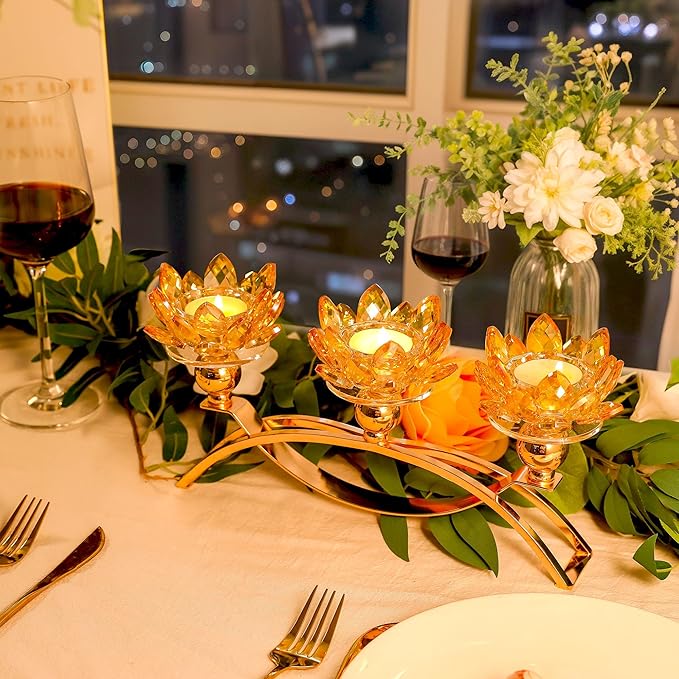 Crystal Candle Holders Lotus Candelabras Gold Arch Candlestick, Centerpiece Table, Home Hecor for Wedding, Dinning Room, Coffee Table, Kitchen, Living Room, Entryway (3 Arms, Tealight Candle)