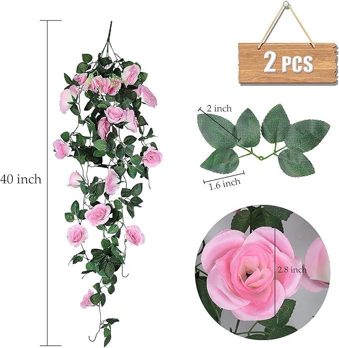 RECUTMS Fake Hanging Flower, 2PCS Artificial Rose Vine Plants Flowers Wedding Home Decoration and Wall Décor 3.3Ft (Pink)