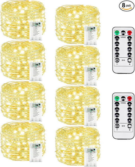 8 Pack Christmas Fairy Lights Battery Operated with Remote, Each 20FT 60LED Waterproof Twinkle Lights with Timer, String Light Indoor & Outdoor for Bedroom Wedding Christmas Decoration(Warm White)