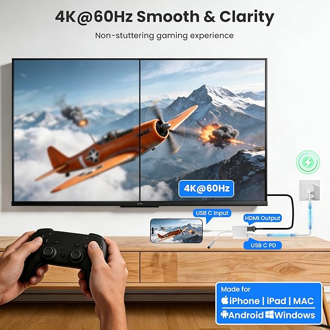 USB-C and Lightning to HDMI Adapter for iPhone to TV, 4K@60Hz MFi Certified Lightning to Digital AV Adapter with 100W Charging Port for iPhone 17 16 15 14/MacBook/iPad to HDTV/Projector/Monitor