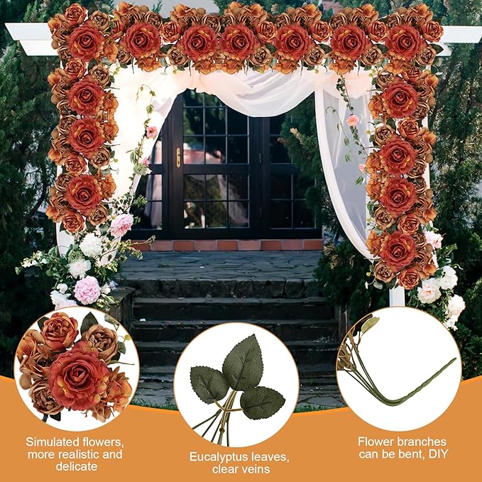 Burnt Orange Peony Artificial Flowers, Fall Faux Peonies Hydrangea Eucalyptus Bouquet 12 Packs Silk Vintage Realistic Peony Floral Arrangement for Wedding Centerpiece Table Vase Autumn Decor