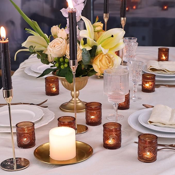 DEVI 48 Pcs Amber Votive Candle Holders Bulk, Boho Fall Wedding Party Decorations, Glass Tea Lights Candle Holder, Christmas Thanksgiving Party Home Table Decor