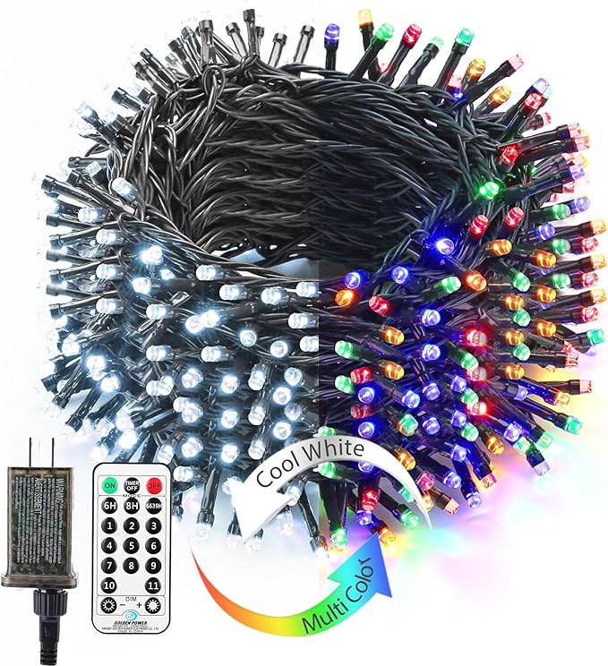 Brizled Christmas Lights Outdoor, 180.4ft 500 LED Color Changing Christmas String Lights with Remote, 11 Modes Christmas Tree Lights Cool White & Multicolor Green Wire Xmas Lights for Xmas Party Home
