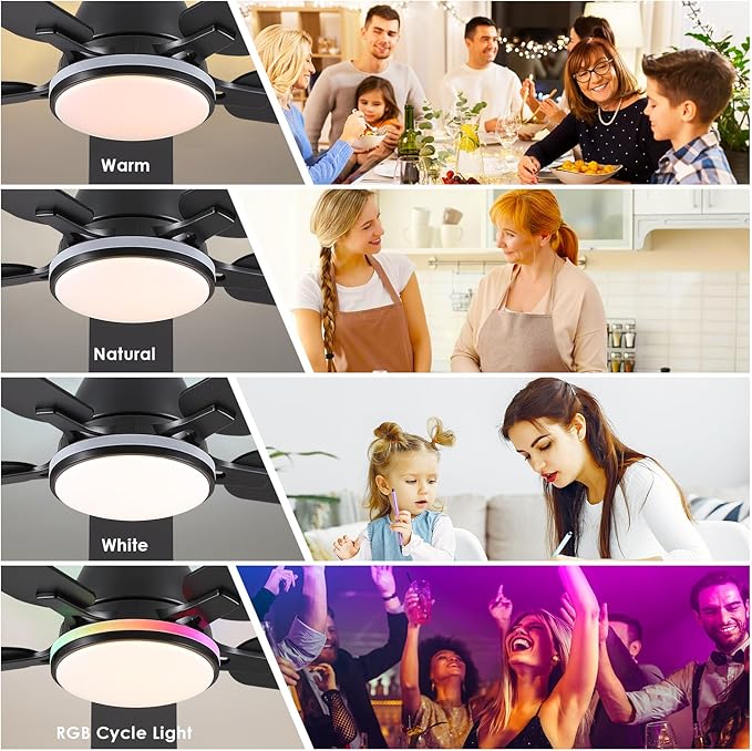 Ceiling Fans with Lights- 52" RGB Low Profile Indoor Ceiling Fan with Light and Remote/APP Control, Flush Mount, LED Dimmable DC Reversible Modern Ceiling Fan for Bedroom（Black）