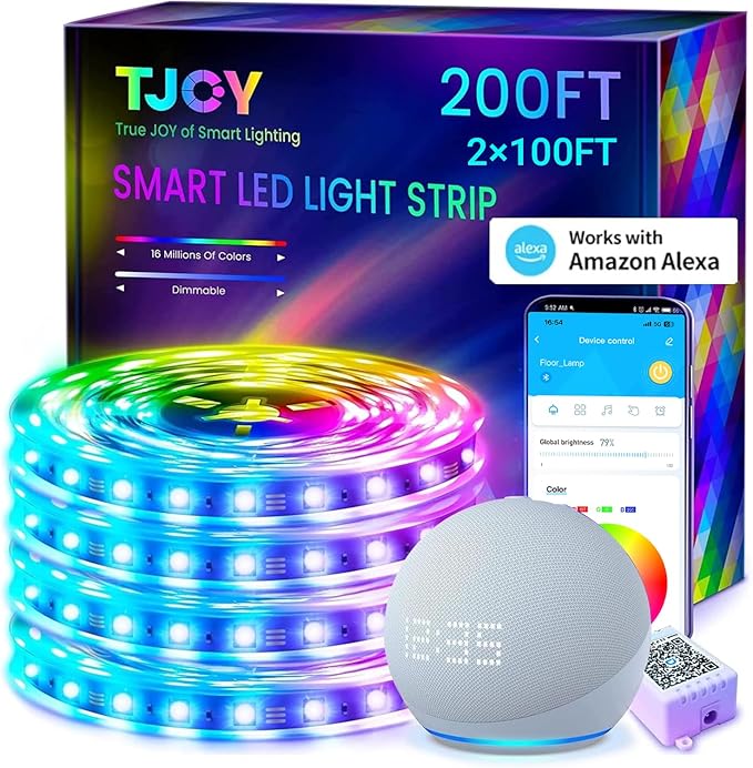 TJOY 200ft Smart Led Strip Lights for Bedroom, Alexa Light Strip,2835 RGB Color Changing Music Sync Rope Lighting with App Remote,Multi-Color Wireless Led Lighting for Bedroom (APP+Remote+Voice)