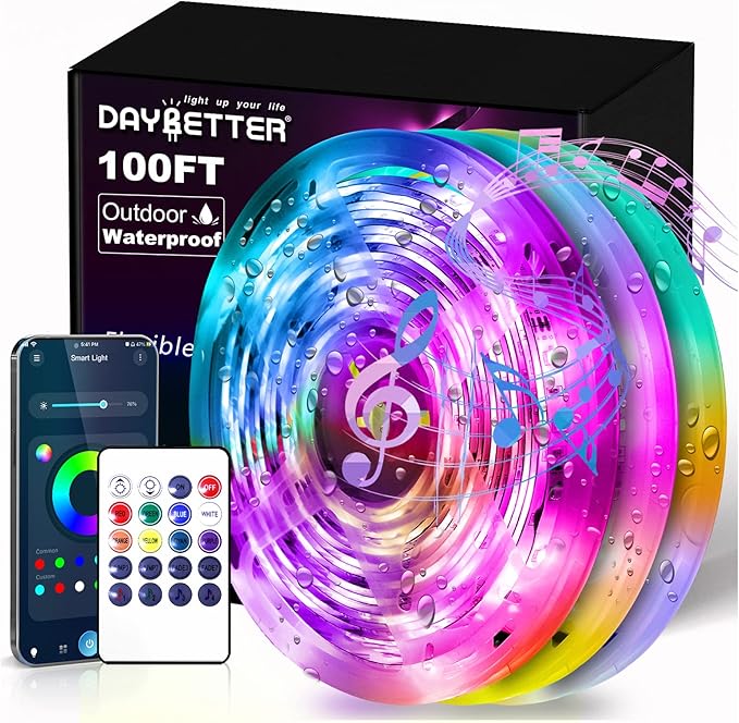 DAYBETTER 100 ft Outdoor Led Strip Lights Waterproof, Smart Light Strips with App Voice Control Remote, 5050 RGB Music Sync Color Changing Led Lights for Bedroom, Room Decor (3 Rolls of 32.8 ft)