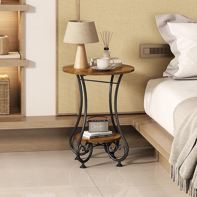 Side Table,Small Round End Table with Lower Shelf for Small Spaces, Portable Couch Sofa Coffee Table,Bedside Nightstand Table with Metal Frame,Retro Accent Drink Table for Living Room Bedroom Balcony