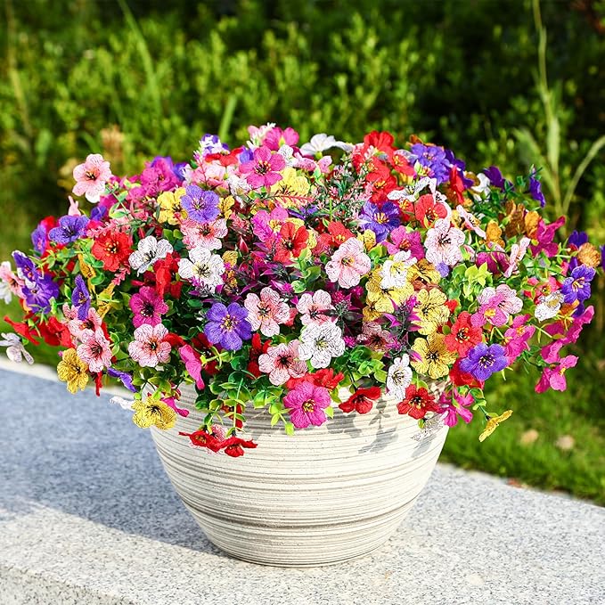 SHareconn 24 Bundles Artificial Flowers for Outdoors, Faux Plants Fake Silk Colorful Daisy Eucalyptus Lavender, UV Resistant for Outside Home Porch Patio Spring Decor, RedRosyPurpleYellowPinkWhite