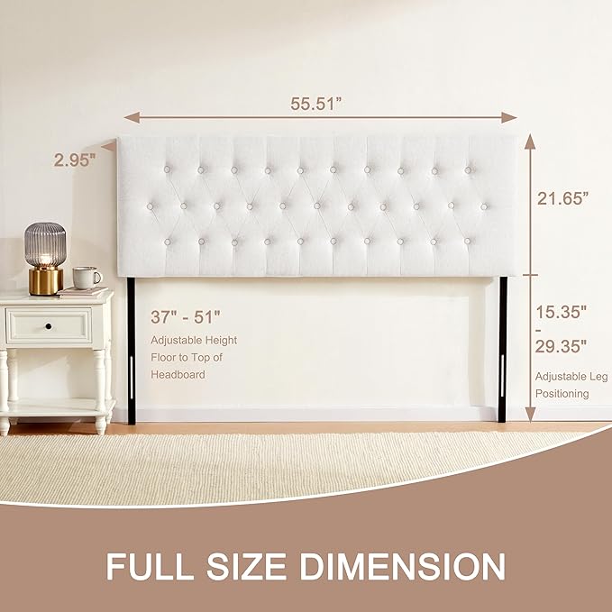 Tufted Upholstered Headboard Full Size, Solid Wood Head Board with Durable Metal Legs, Adjustable Height Full XL headboard from 37” to 51” Fabric Headboard in Modern Button Design, White