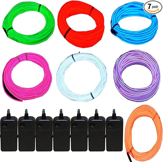 7 Pack 9ft Neon Light El Wire w/Battery Pack (Green, Blue, Red, Orange, Purple, White, Pink)