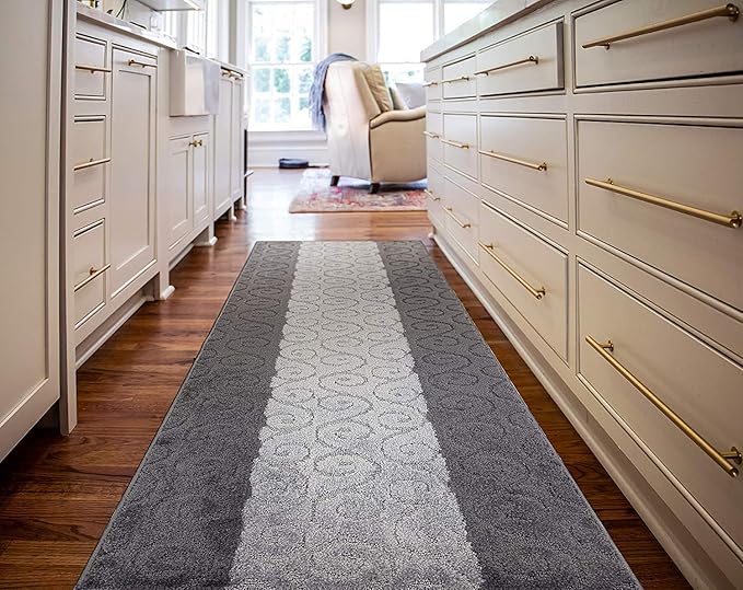 Custom Size Modern Runner Rug Carpet for Hallway Entryway Foyer Kitchen, Slip Resistant Latex Rubber Backed 31 inch Wide X Customized Length, Scroll Grey, 31 inch X 10 feet