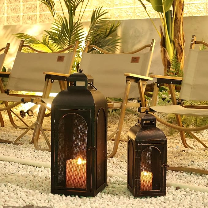 DECORKEY Luxury Lantern Decorative Outdoor & Indoor, Set of 2 (19’’&13’’) Metal Candle Lanterns Decor, Vintage Hanging Candle Holder for Front Porch Patio Wedding Farmhouse Home, Christmas Decorations