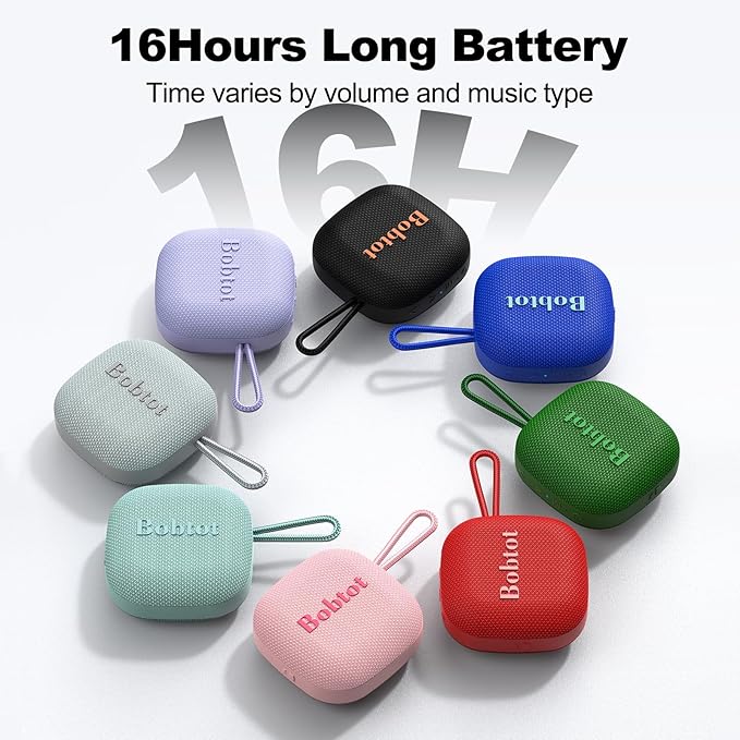 Bobtot Portable Bluetooth Speakers Wireless, IPX7 Waterproof Mini Speaker with 16 Hours Playtime, Loud Stereo Sound, TWS, Built-in Microphone, Small Size for Travel Sport, Black