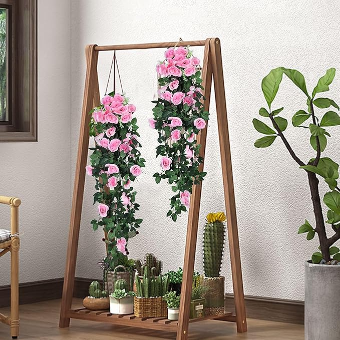 RECUTMS 4PCS Artificial Rose Vine Hanging Plants Fake Flower Outdoor Flowers UV Resistant for Indoor Outside Garden Porch Window Box Home Wedding Farmhouse (Pink)