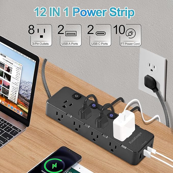 Surge Protector Power Strip 10 Ft - 8 Widely AC Outlet 4 USB Ports(2 USB C), Flat Plug Extension Cord with Multiple Outlets, Individual Switches, Desk Extender for Dorm, Home, Office Essentials, 1400J