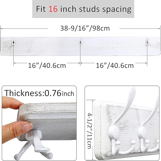 WEBI Coat Rack Wall Mount White,38 9/16" Long Coat Hooks Wall Mounted,Large Wall Coat Hanger,10 Tri Hooks for Hanging Coats,Clothes,Jacket,White