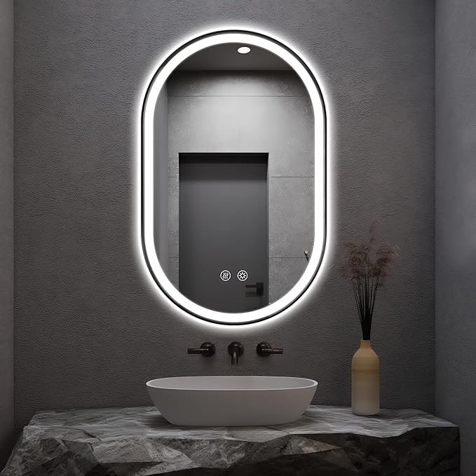 Niccy Oval LED Mirror for Bathroom, 48x30 Front Lit + Backlit Vanity Mirrors with Light Anti-Fog, Shatter-Proof, 3 Colors, Makeup Mirror with Black Frame (Horizontal/Vertical)