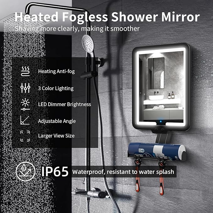 Lighted Shower Mirror Fogless for Shaving, Heated Fog Free Large 9.5*7inch 3 Color Modes Dimming Shower Shaving Mirror with Light, Rechargeable Anti-Fog Shower Mirror with Storage Tray & Razor Holders