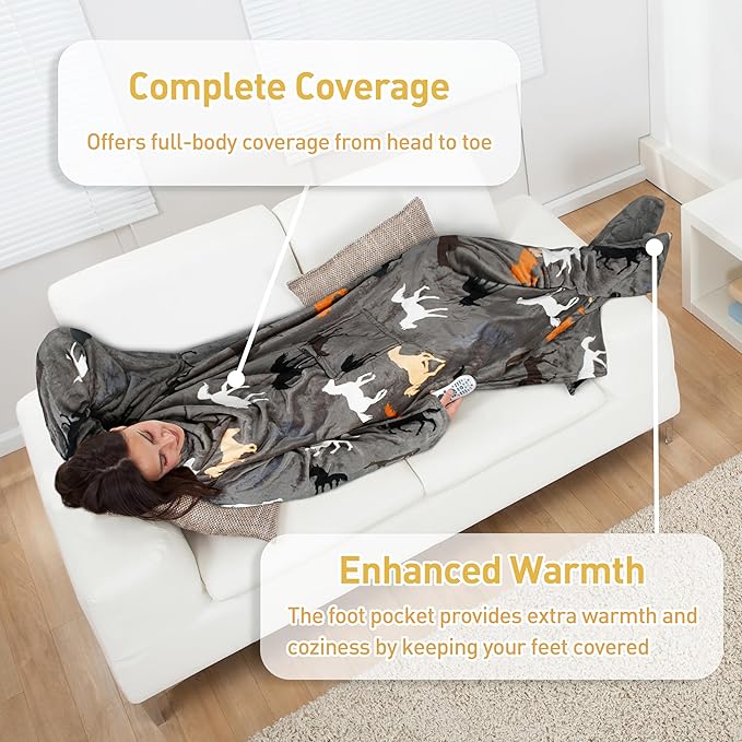 Catalonia Wearable Fleece Blanket with Sleeves and Foot Pockets for Adult Women Men, Micro Plush Comfy Wrap Sleeved Throw Blanket Robe Large, Taupe Horse
