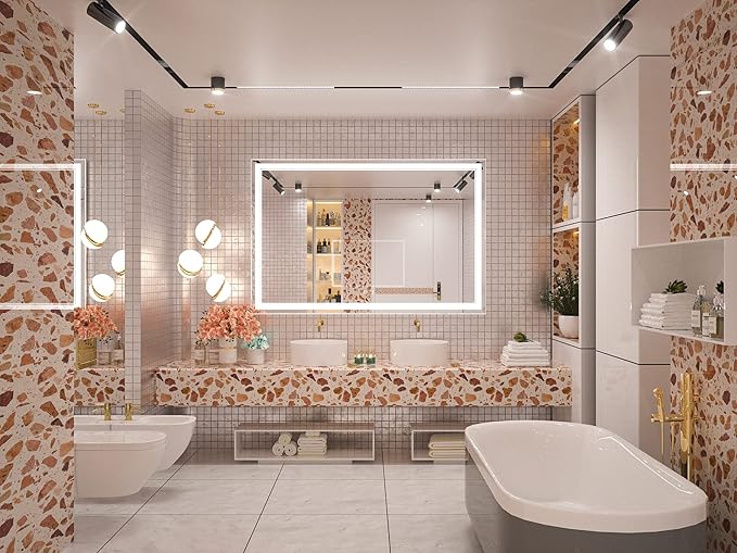 Keonjinn LED Bathroom Mirror with Lights, 60 x 40 Inch, Dimmable, Anti-Fog, Waterproof, Wall Mounted, Home Mirror