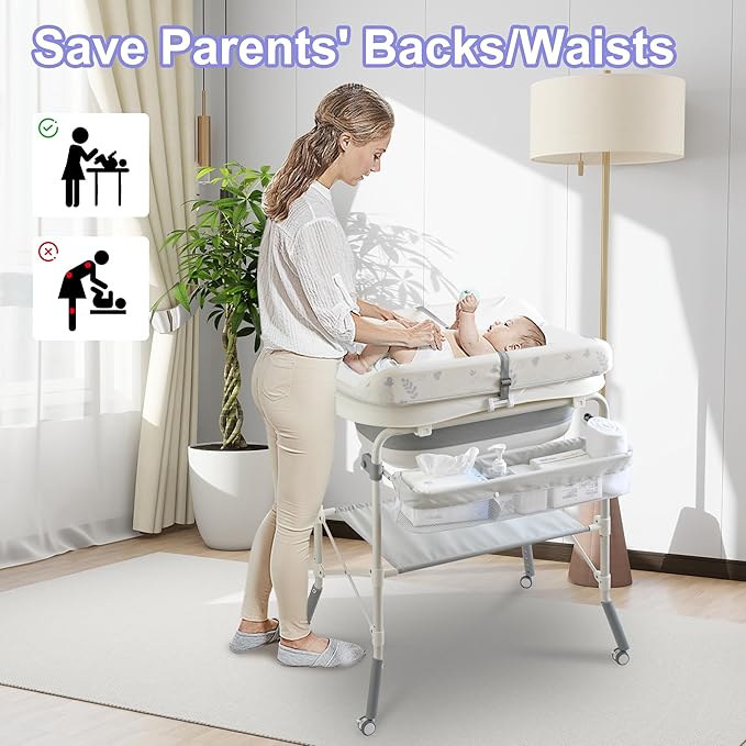 2-in-1 Baby Bathtub with Changing Table, Foldable Diaper Changing Station with 4 Wheels, Waterproof Pad, Storage Rack and Baby Bath Tub, Adjustable Height Portable Nursery Organizer for Newborn Infant
