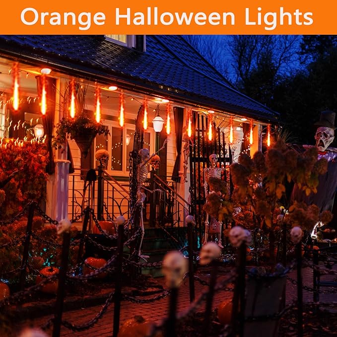 Kwaiffeo Halloween Yard Decorations: 16-Tube Meteor Shower Lights for Front Yard Halloween Fall Outdoor Decor, Equivalent to 2 Sets of 8-Tube, UL Plug